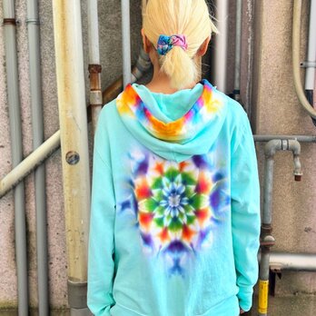 タイダイ フーディ プルオーバー パーカー Lサイズ 曼荼羅 ミントグリーン Hippies Dye最新作 HD23-68の画像