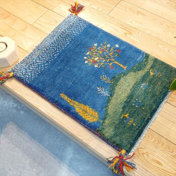 ペルシャ　ギャッベ　玄関マット小　ラグ　57x41cm　風景　青空　ザクロの木　NN19980の画像