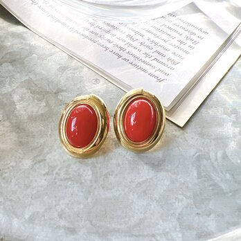 YM165-【 Monet 】モネ・ヴィンテージイヤリング 1970〜80s Gold Tone Red Cabochonの画像
