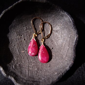 【K14gf】Dark Ruby Big Drop Earrings／ダークルビー 雫フレンチピアスの画像