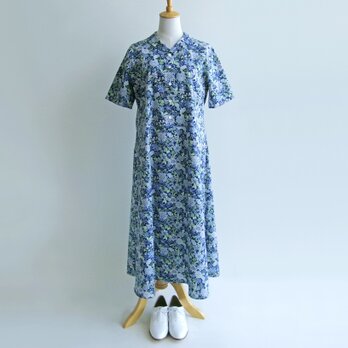 花のワンピース＊Blue Flower Garden(国産コットン・リップル生地)受注製作