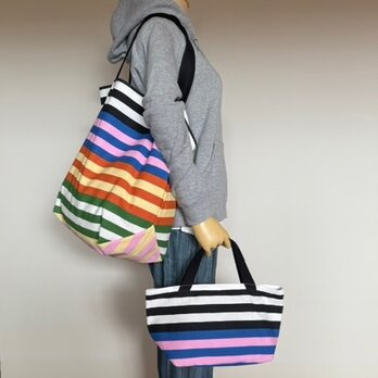 マルチボーダーサブバッグ付き大きめトート　3色　受注製作の画像
