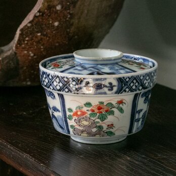 古伊万里 染錦 牡丹山水文 蓋茶碗 明治時代の画像