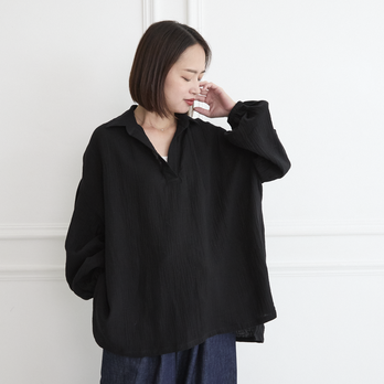 柔らかく通気性が良い 肌触りが優しい✨コットンダブルガーゼ プルオーバー　ブラック　0698BK