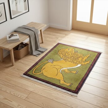 ペルシャ オールドギャッベ　アマレバフト　ラグ　90x60㎝　ライオンギャッベ　オリーブグリーン　RJ14028