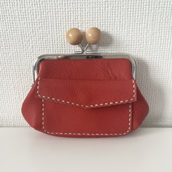 ぱかっと開くとお部屋が3つの親子がまぐち♪外ポッケが付いた木玉口金の四角い本革ミニ財布の画像