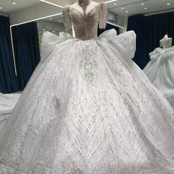 ウェディングドレス Vネック 韓国風ドレス ビジュー 贅沢な総レース プリンセスライン 華やかなトレーン 結婚式の画像