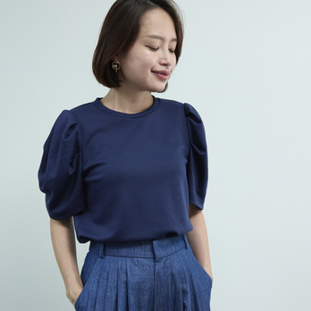 ふんわりとしたパフスリーブ カットソー半袖　ネイビー　0678NVの画像