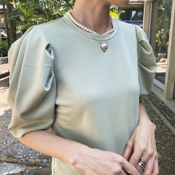 ふんわりとしたパフスリーブ カットソー半袖　アップルグリーン　0678GRの画像