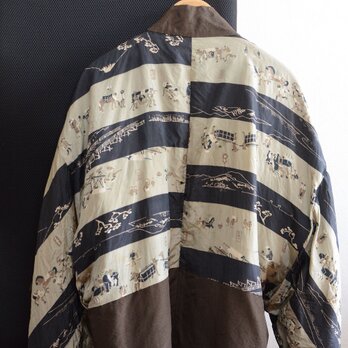 羽織 メンズ 裏勝り アンティーク着物 ジャパンヴィンテージ 昭和 リメイク素材 道中絵 Haori Kimono Japanの画像