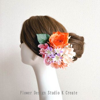 オレンジの薔薇とピンクの紫陽花のブーケ風の髪飾り　フラメンコ　ダンス　髪飾り　発表会　フローレス　オレンジ　紫陽花　花飾り　ピの画像