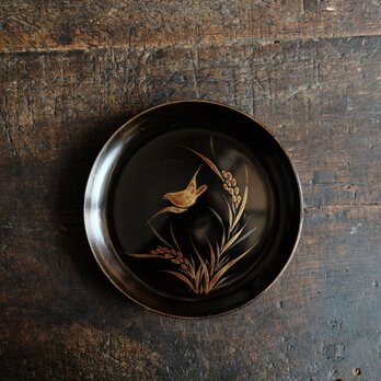 鳥と稲穂◆味のあるお品物。古輪島塗　漆芸蒔絵中皿　漆器　骨董/antiques 古民家　時代物　明治期 【個体B】の画像