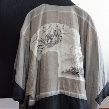 紋付 長羽織 黒 アンティーク着物 ジャケット ジャパンヴィンテージ 昭和 リメイク素材 Black Haori Jacketの画像