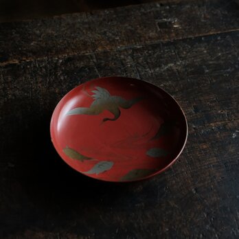 鶴と亀◆味のあるお品物。古輪島塗　漆芸蒔絵盃　中皿　漆器　骨董/antiques 時代物　幕末〜明治期の画像