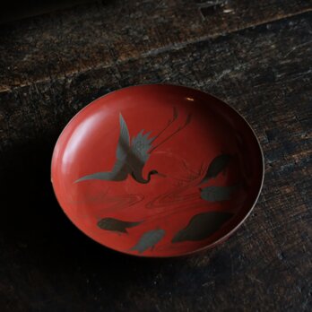 鶴と亀◆味のあるお品物。古輪島塗　漆芸蒔絵盃　中皿　漆器　骨董/antiques 時代物　幕末〜明治期の画像