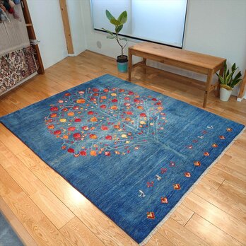 ペルシャ　ギャッベ　リビング　ラグ　195x155cm　ザクロの木　青色　RJ12749の画像