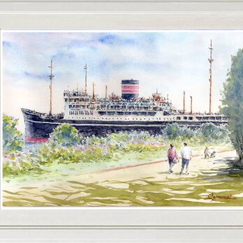 水彩画原画　氷川丸 7・横浜山下公園　＃658の画像