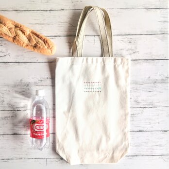 ラインの刺繍　トートバッグ　エコバッグ　レッスンバッグ　バゲットバッグ　生成り　帆布　コットン　マチ付き　名入れの画像