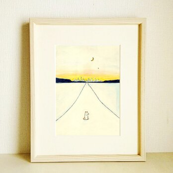 原画「一番星」※木製額縁入り（八つ切りサイズ）　犬の絵｜犬イラスト｜絵画｜水彩｜水彩画の画像
