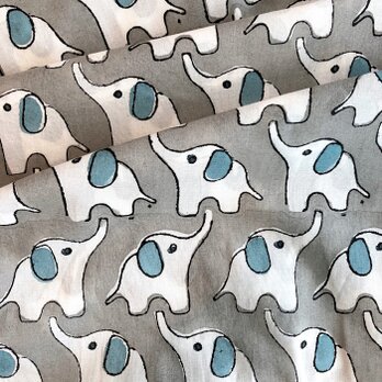 インド ブロックプリント生地 [50cm単位切り売り] Sanganeri エレファント グレー地 MT	IF0218