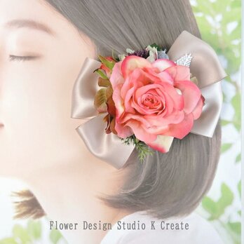 ピンクの薔薇とサテンリボンのバレッタ　髪飾り 　お出掛け　発表会　入学式　卒業式　結婚式　フォーマルの画像