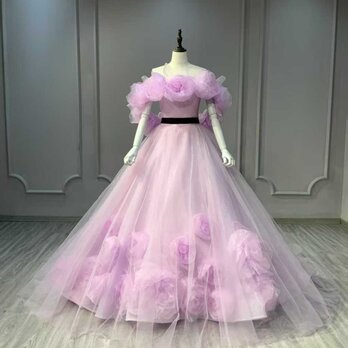カラードレス 取り外しオフショルダー ピンク紫 サッシュベルト バラトレーン 結婚式 プリンセスライン 編み上げの画像