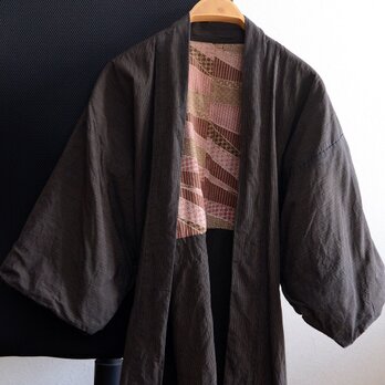 羽織 メンズ 着物 古布 木綿 縞模様 リメイク素材 アンティーク ジャパンヴィンテージ 卍崩し Haori Jacketの画像