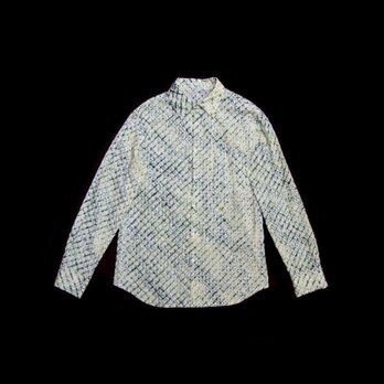 白、緑、黄色、コットン手絞りアンティーク着物リメイク、70sスタイルシャツ 衿芯なしsizeLの画像
