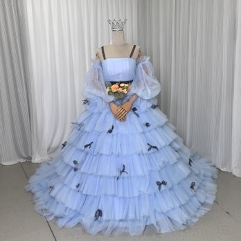 カラードレス ブルー ベアトップ シースルー袖 リボン 姫袖 プリンセスライン チュールドレス 花嫁の画像