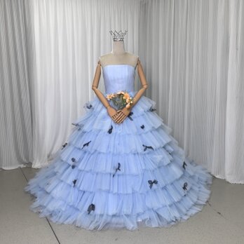カラードレス ブルー ベアトップ リボン プリンセスライン チュールドレス 編み上げ 花嫁の画像