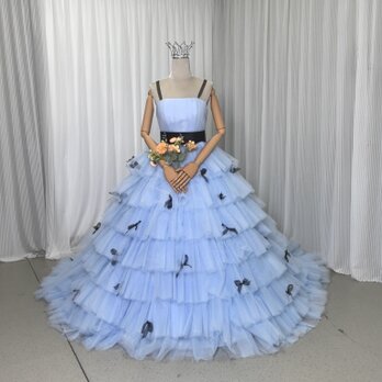 カラードレス ブルー ベアトップ リボン サッシュベルト プリンセスライン チュールドレス 編み上げ 花嫁の画像