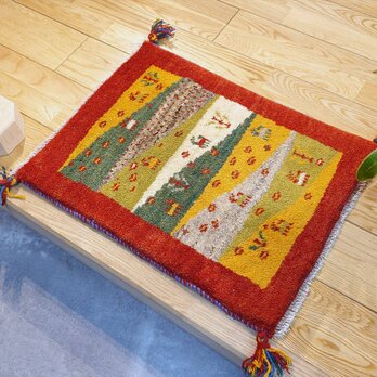 ペルシャ　ギャッベ　玄関マット小　ラグ　58x42.5cm　ヤギ　羊　生命の木　赤　黄緑　グレー　黄色　NN19817の画像
