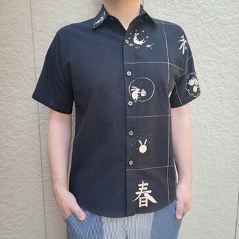 安曇野木綿シャツ（春夏秋冬兎柄）半身無地の画像