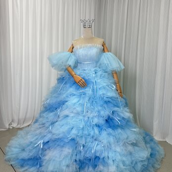 豪華！カラードレス ブルー もこもこドレス リボン 編み上げ 柔らかく重ねたチュールスカート 花嫁の画像