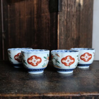 花と蝶々◆伊万里　花蝶文赤絵金彩猪口4客　向付　小鉢　古道具　骨董/antiques 明治時代【傷有り】i2の画像