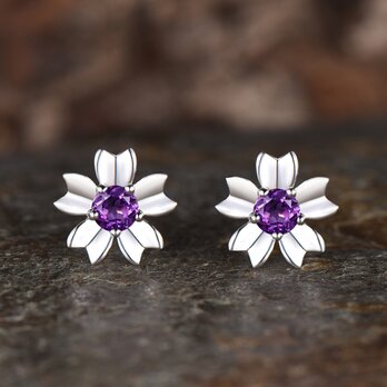 2月の誕生石 天然アメジスト ピアス 桜のスタッドピアス 花のピアス パープルクリスタル 桜のジュエリーギフトの画像