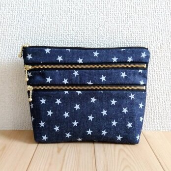 メンズ　4段ファスナーポー　星柄デニム　バッグインバッグ　大きめ　母子手帳・通帳ケース　母の日　ネイビー　　480