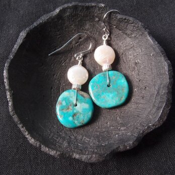 【SV】Turquoise × Coin Pearl Earrings／ターコイズ×コインパール フックピアス（L）