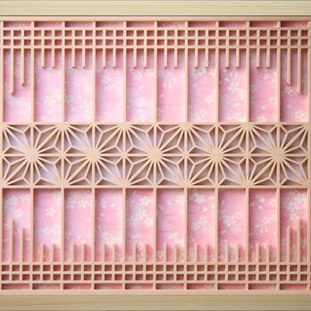 組子アートパネル 【書院障子風 八角面角麻帯 友禅紙＜桜＞】 和風インテリアパネルの画像