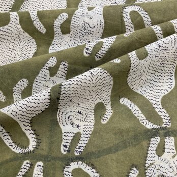 インド ブロックプリント生地 [50cm単位切売] Bagru タイガー04 グリーン地 SA 虎 とら 緑　IF0233の画像