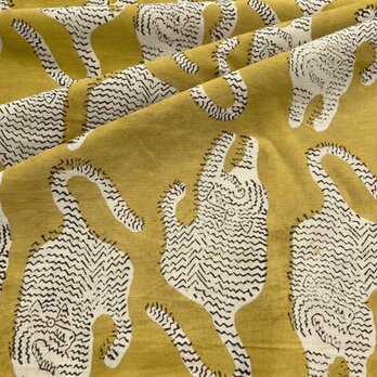 インド ブロックプリント生地 [50cm単位切売] Bagru タイガー04 イエロー地 SA 虎 とら IF0232の画像
