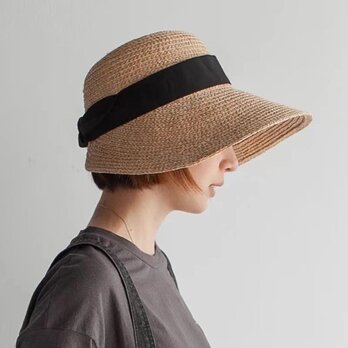 ラフィアハット、つばの広い帽子 英国風 麦わら帽子 畳める 夏用 大人 ストローハット、日よけ・UV対策 サイズ調節可能の画像