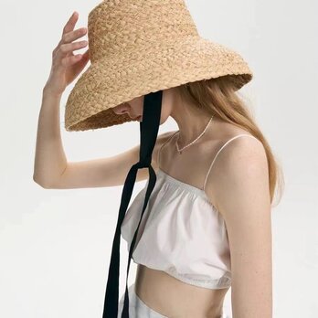 ラフィアハット、バケットハット ツバ広麦わら帽子 耐風性 夏用 大人 ストローハット、日よけ・UV対策 サイズ調節可能の画像