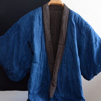 綿入れ着物 丹前 掻巻 古布 木綿 藍染 縞模様 ジャパンヴィンテージ リメイク素材 Hanten Padded Kimonoの画像