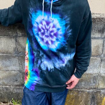 タイダイ フーディ プルオーバー パーカー 曼荼羅染め XXLサイズ ブラック Hippies Dye HD23-78の画像