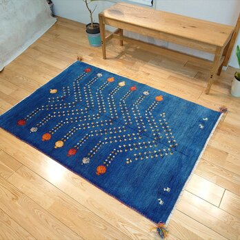 ペルシャ　ギャッベ　ソファー前　ハーフラグ　145x98cm　青色　ザクロの木　RJ7096の画像