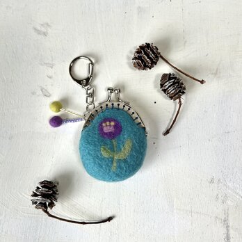 花の羊毛刺繍ミニミニがま口（ブルー）の画像