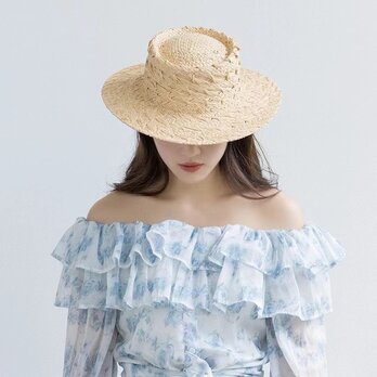 ラフィアハット、麦わら帽子 夏帽子 ヴィンテージ柄 大人 ストローハット、ミディアムブリム 日よけ・UV対策 サイズ調節の画像