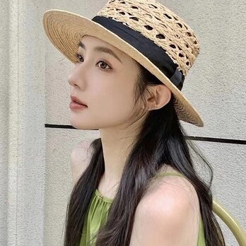 ラフィアハット、麦わら帽子 切り抜き織り 夏帽子 大人 ストローハット、ミディアムブリム 日よけ・UV対策 サイズ調節の画像