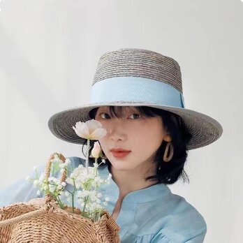 ラフィアハット、麦わら帽子 ミディアムブリム 夏帽子女性 ストローハット、ミディアムブリム 日よけ・UV対策 サイズ調節の画像